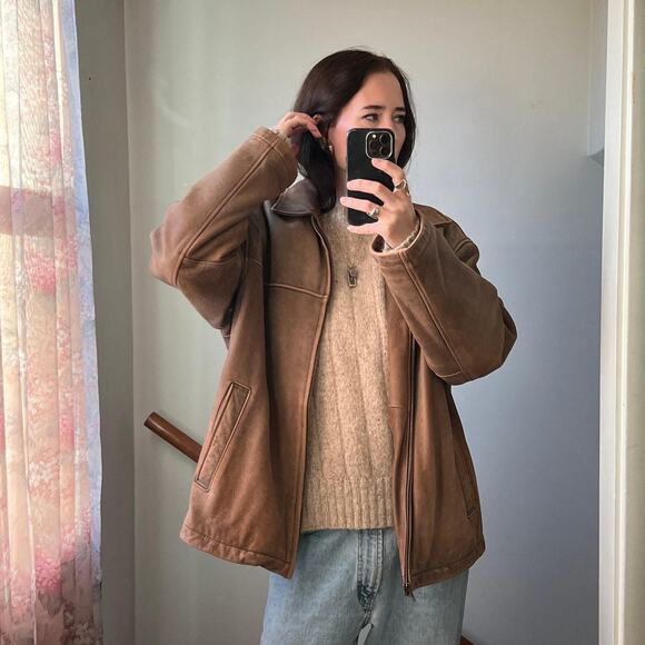 Vintage oversized brown worn leather jacket biker boyfriend moto coat distressed - Picture 8 of 8